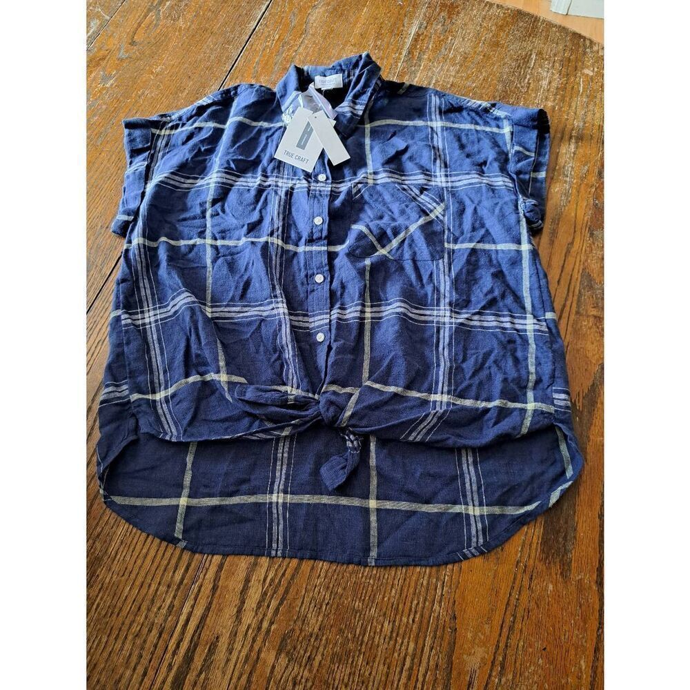 New Med True Craft Short Sleeve Tie Waist Button Blue White Shirt Linen Lyocell